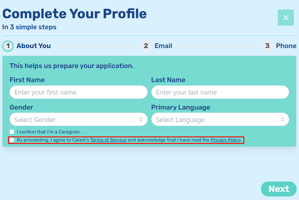 Screenshot showing where the terms and privacy agreement and caregiver confirmation appear in Step 1