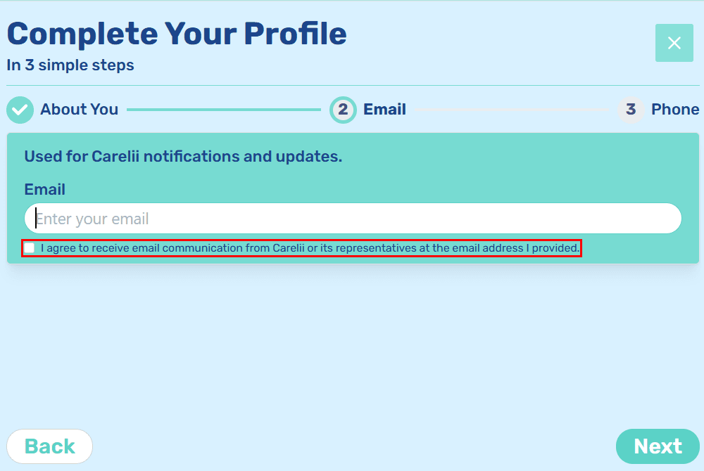 Screenshot showing where email consent appears in Step 2