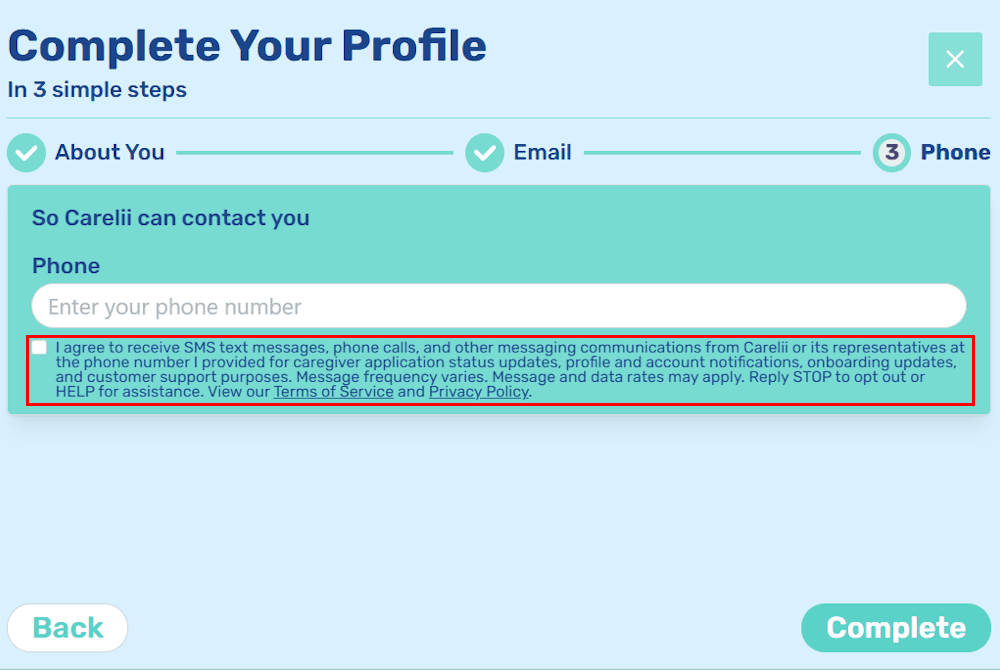Screenshot showing where SMS and phone consent appears in Step 3