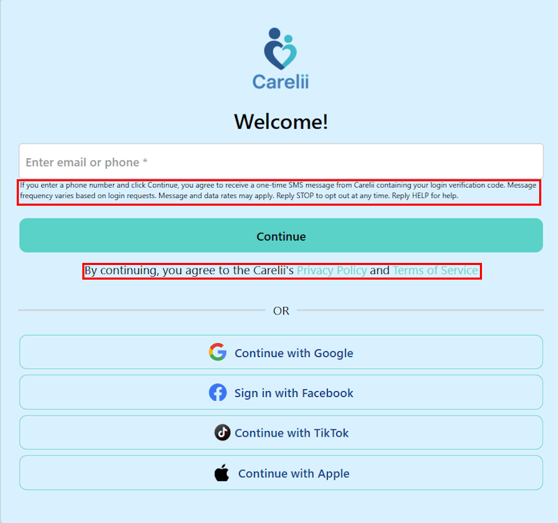 Screenshot of the sign-in/up screen showing email/phone and social sign-in options