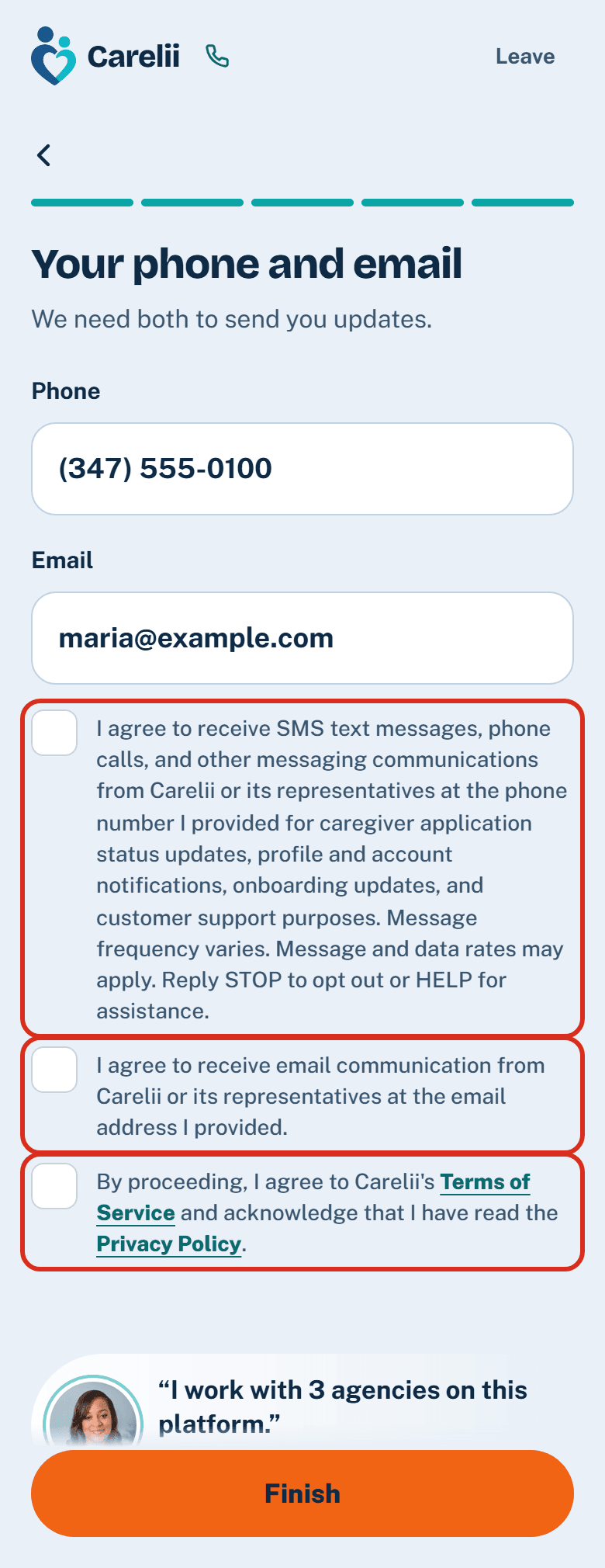 The phone and email step of completing a profile, with its three agreement boxes outlined