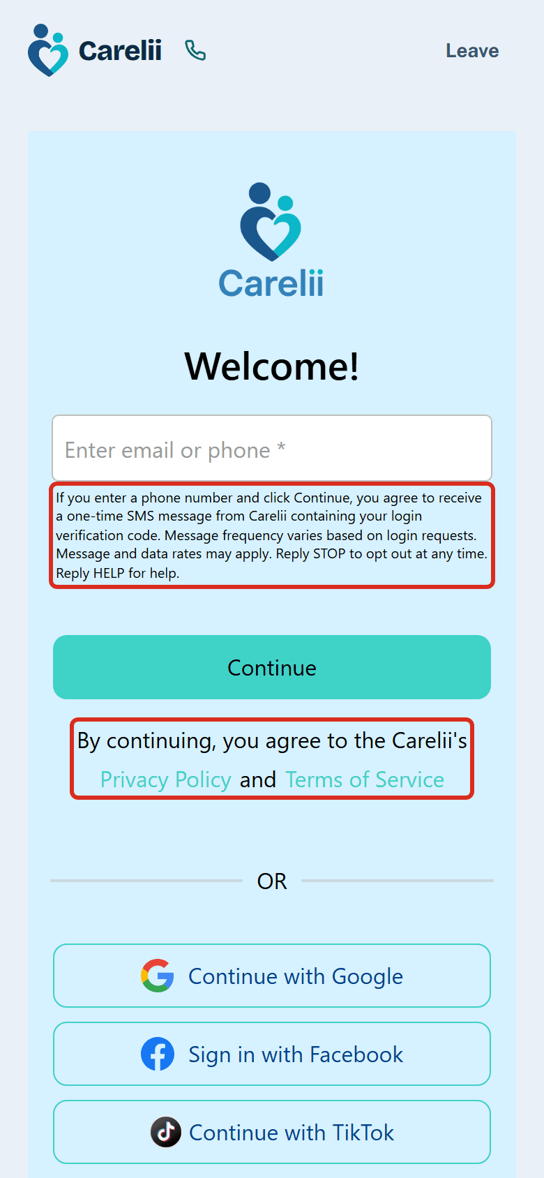 Screenshot of the sign-in/up screen showing email/phone and social sign-in options